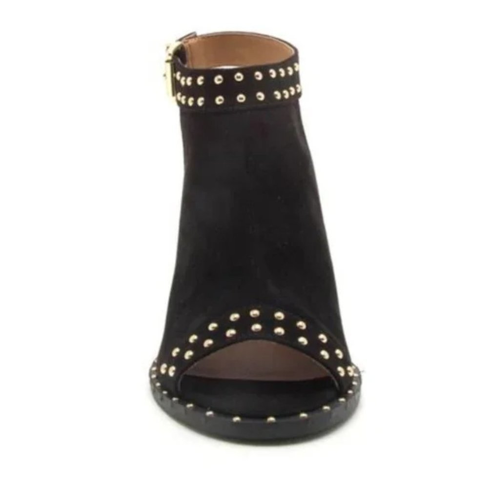 Gold Studded Black Slingback Peep Toe Block Heels - Picture 7 of 9